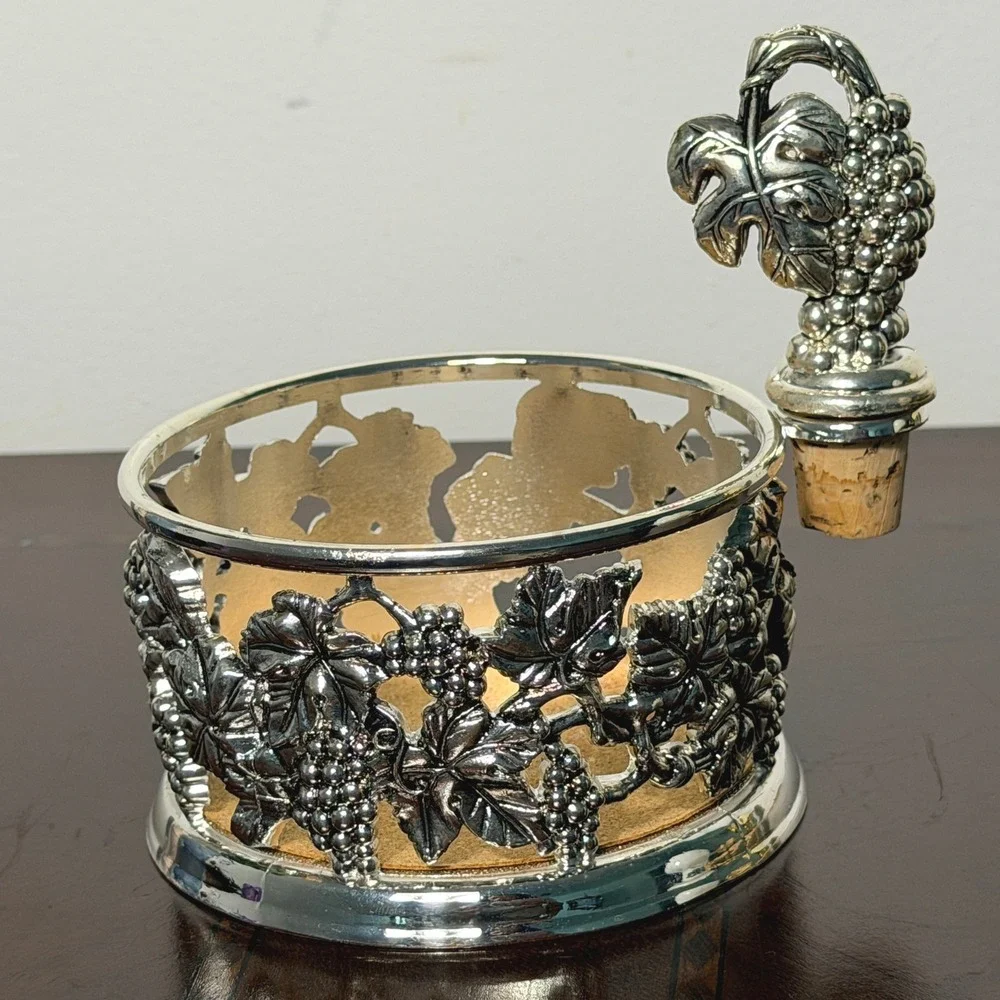 Vintage Godinger Silver Grapevine Wine Coaster Stopper Set Ornate Tuscan Barware